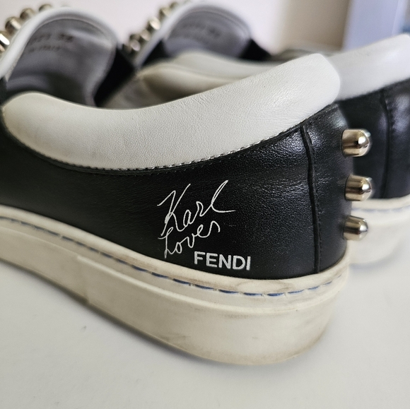 Fendi Black/White Leather Studded Karl Lover Slip On Sneakers. Size 35 - Picture 9 of 16